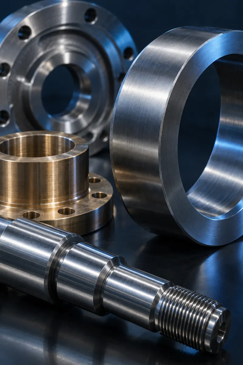 Machined stainless steel and bronze pump parts on a dark background
