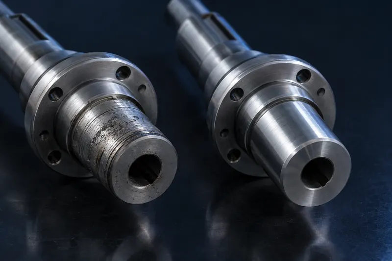 Worn shaft end beside a re-machined shaft end