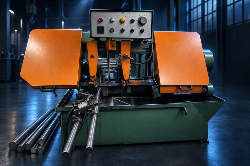 Horizontal band saw with orange blade covers and round steel bar stock beside it