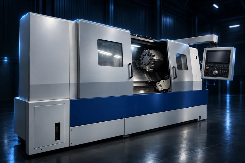 CNC turning centre with its guard door open and the tool turret lit inside, in a dark workshop