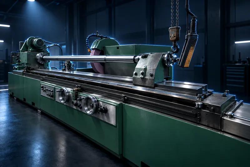 Long-bed cylindrical grinder with a long steel shaft held between centres beside the grinding wheel