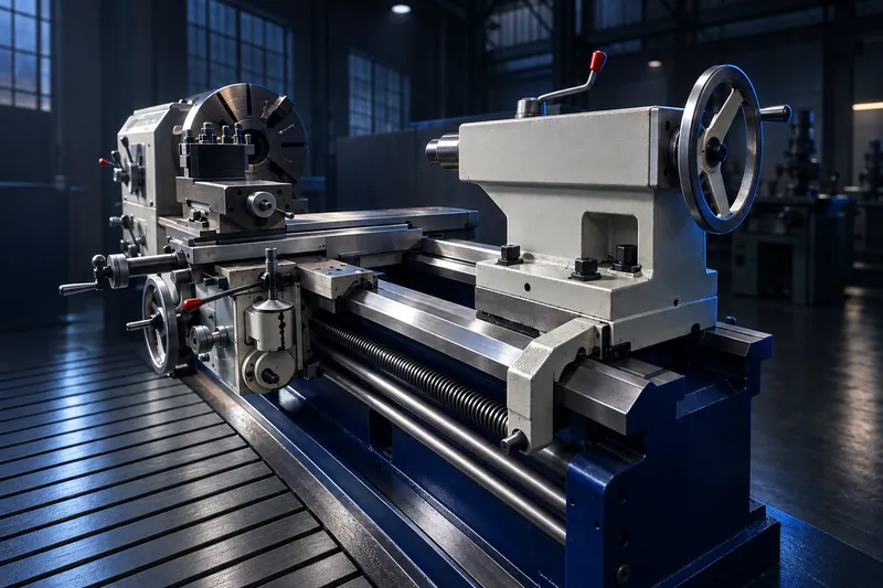 Gap-bed centre lathe seen from the tailstock end, with the large chuck at the headstock