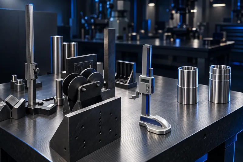 Inspection surface plate with digital and vernier height gauges, angle plates, V-blocks and machined steel bushes