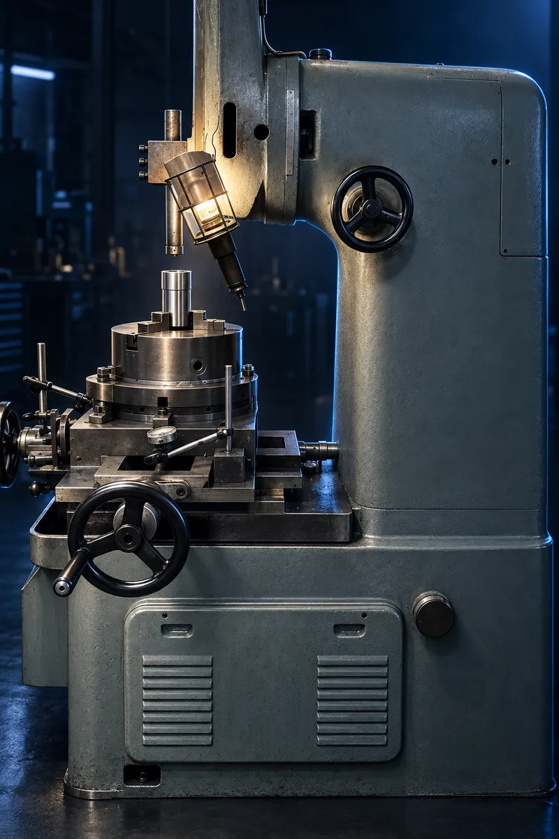 Vertical slotting machine with a machined bush held in a chuck on its rotary table, lit by a work lamp