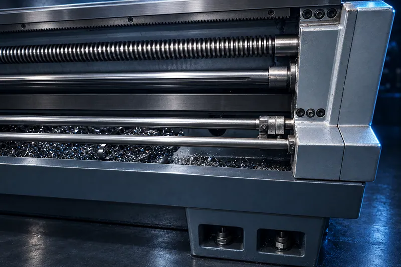 Close-up of a heavy lathe bed: leadscrew, feed rods, slideways and metal turnings