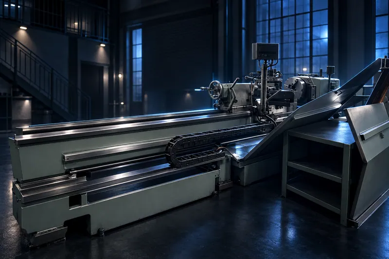 Long-bed centre lathe seen along its bed, with the carriage, cable chain and chuck at the far end