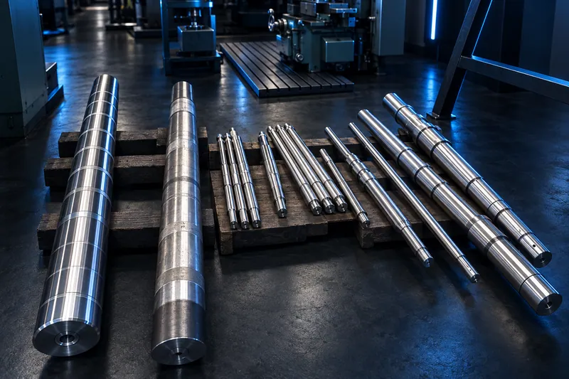 Machined shafts on the workshop floor: two long heavy shafts and a group of slender stepped shafts