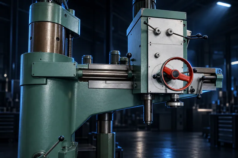 Radial arm drill: column, arm and drill head with a red handwheel