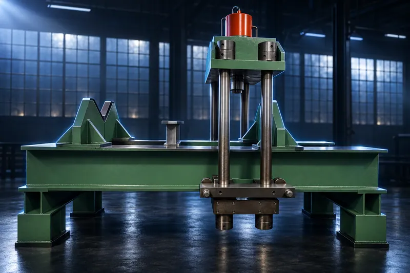 Hydraulic shaft straightening press: a long steel bed with V-block supports and a column press frame straddling the bed